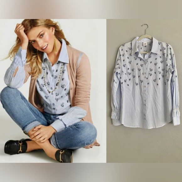 Cabi Button Down Top Size Medium Whitney 5368 Floral Stripe Blue White - Picture 1 of 11